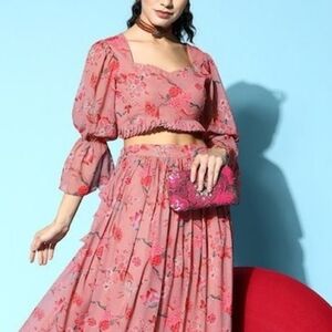 NWT Indya Luxe pink floral chiffon crop top size L bell sleeves